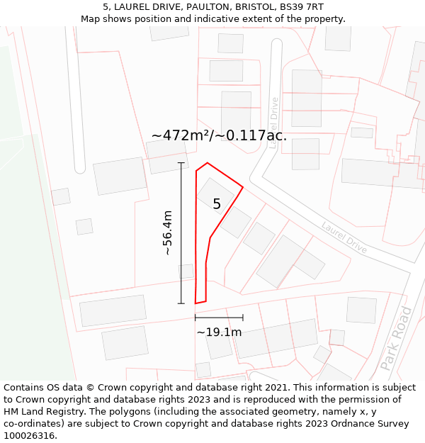 5, LAUREL DRIVE, PAULTON, BRISTOL, BS39 7RT: Plot and title map