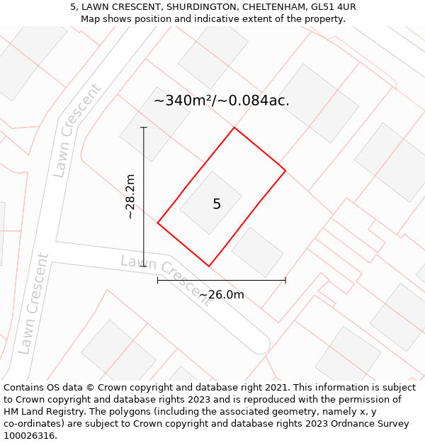 5, LAWN CRESCENT, SHURDINGTON, CHELTENHAM, GL51 4UR: Plot and title map