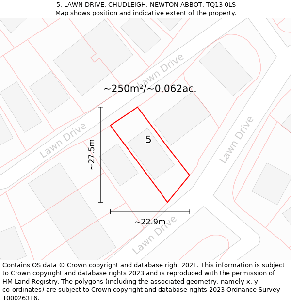 5, LAWN DRIVE, CHUDLEIGH, NEWTON ABBOT, TQ13 0LS: Plot and title map