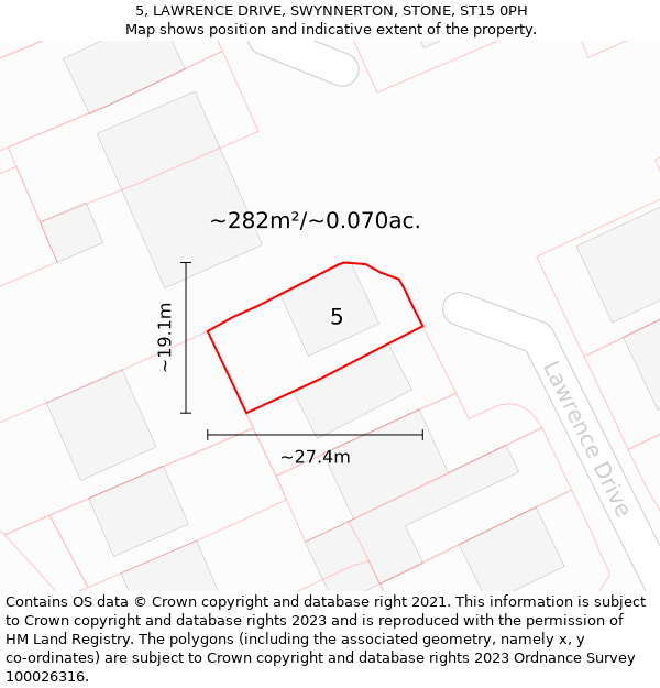 5, LAWRENCE DRIVE, SWYNNERTON, STONE, ST15 0PH: Plot and title map