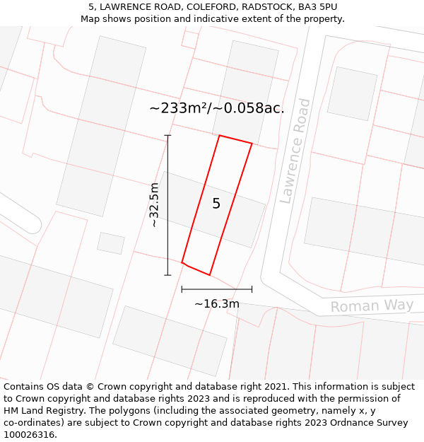 5, LAWRENCE ROAD, COLEFORD, RADSTOCK, BA3 5PU: Plot and title map