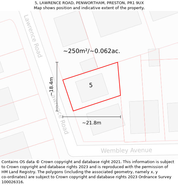 5, LAWRENCE ROAD, PENWORTHAM, PRESTON, PR1 9UX: Plot and title map