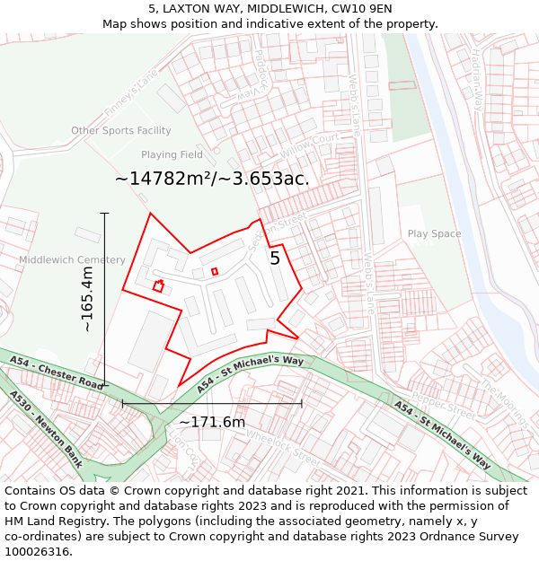 5, LAXTON WAY, MIDDLEWICH, CW10 9EN: Plot and title map