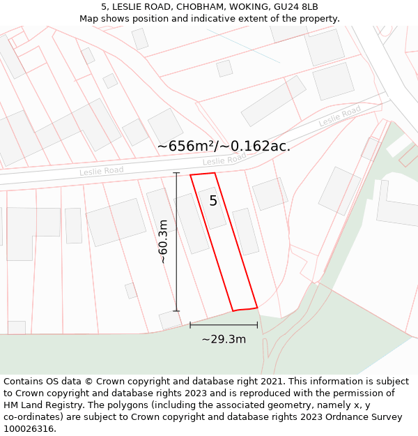 5, LESLIE ROAD, CHOBHAM, WOKING, GU24 8LB: Plot and title map