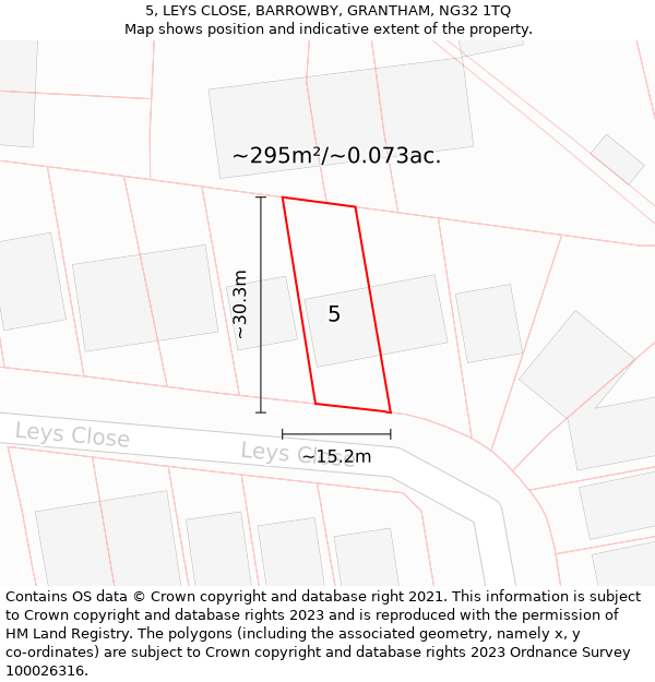 5, LEYS CLOSE, BARROWBY, GRANTHAM, NG32 1TQ: Plot and title map