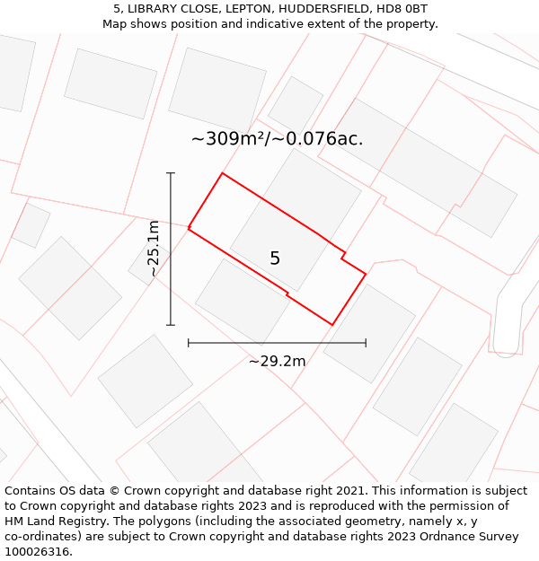 5, LIBRARY CLOSE, LEPTON, HUDDERSFIELD, HD8 0BT: Plot and title map