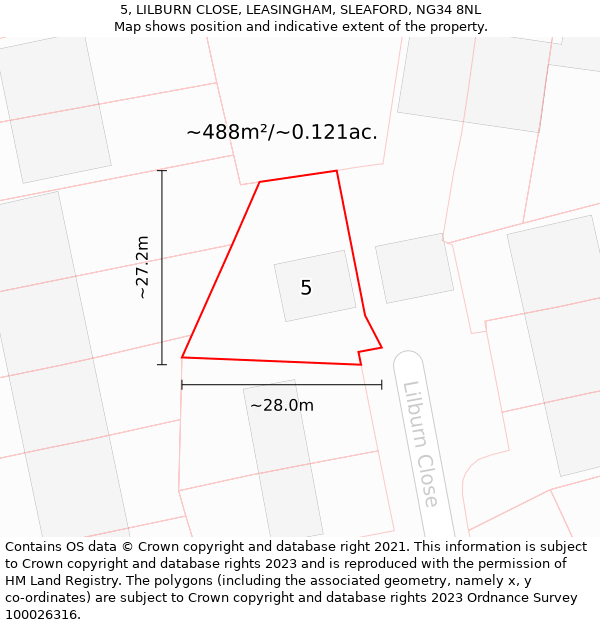 5, LILBURN CLOSE, LEASINGHAM, SLEAFORD, NG34 8NL: Plot and title map