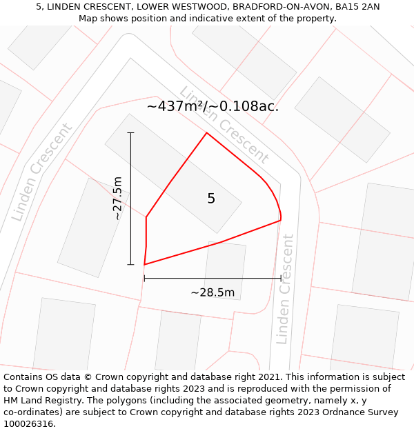 5, LINDEN CRESCENT, LOWER WESTWOOD, BRADFORD-ON-AVON, BA15 2AN: Plot and title map