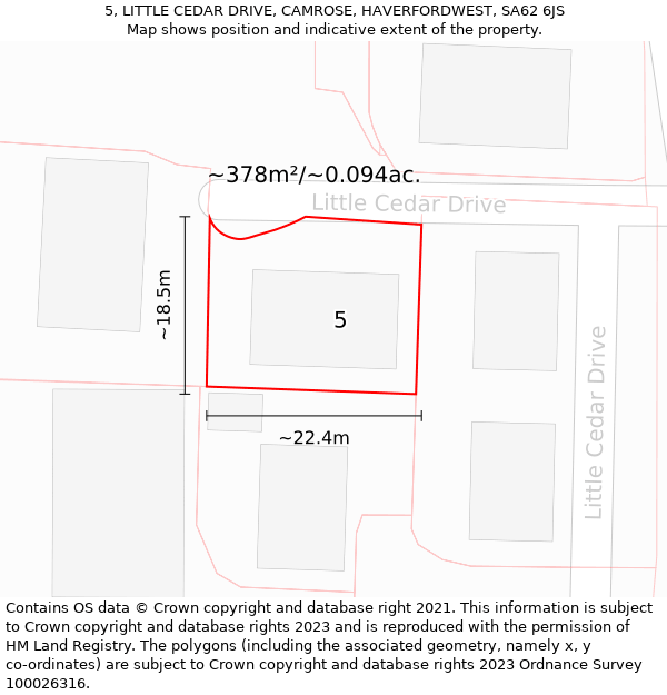 5, LITTLE CEDAR DRIVE, CAMROSE, HAVERFORDWEST, SA62 6JS: Plot and title map