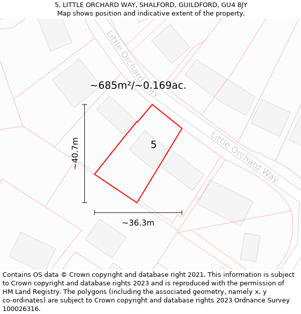 5, LITTLE ORCHARD WAY, SHALFORD, GUILDFORD, GU4 8JY: Plot and title map