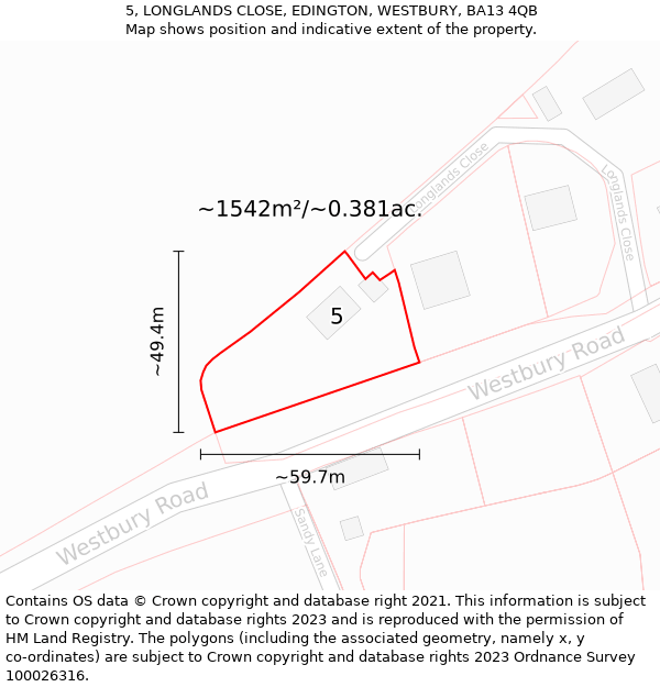 5, LONGLANDS CLOSE, EDINGTON, WESTBURY, BA13 4QB: Plot and title map