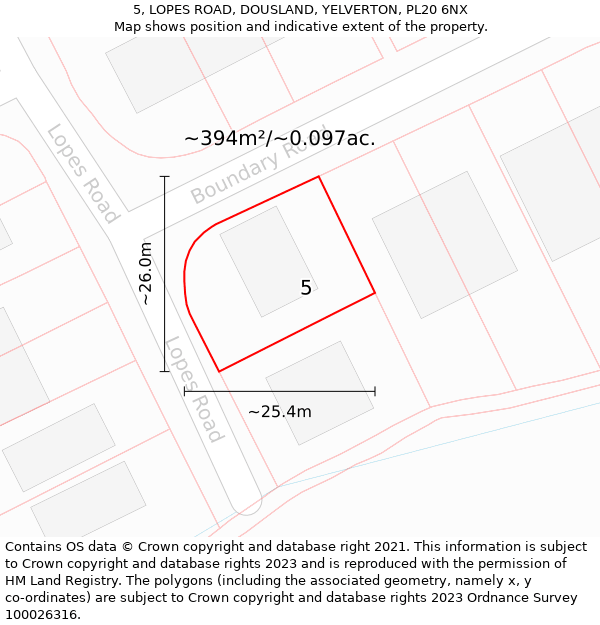 5, LOPES ROAD, DOUSLAND, YELVERTON, PL20 6NX: Plot and title map