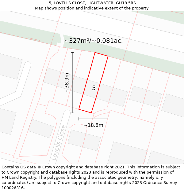 5, LOVELLS CLOSE, LIGHTWATER, GU18 5RS: Plot and title map