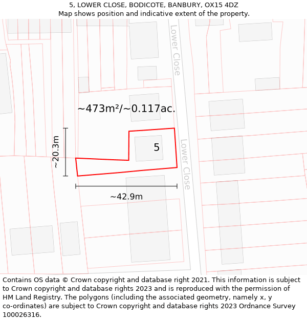 5, LOWER CLOSE, BODICOTE, BANBURY, OX15 4DZ: Plot and title map