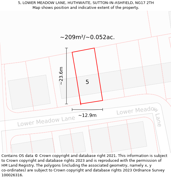 5, LOWER MEADOW LANE, HUTHWAITE, SUTTON-IN-ASHFIELD, NG17 2TH: Plot and title map