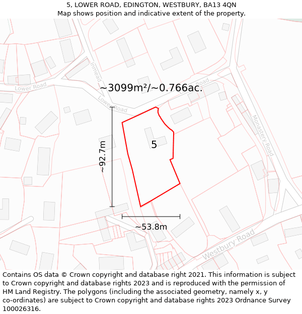 5, LOWER ROAD, EDINGTON, WESTBURY, BA13 4QN: Plot and title map