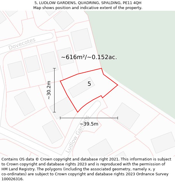 5, LUDLOW GARDENS, QUADRING, SPALDING, PE11 4QH: Plot and title map