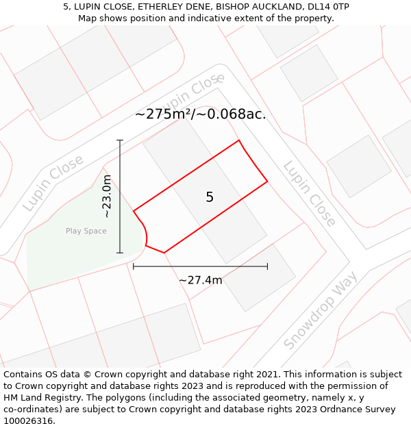 5, LUPIN CLOSE, ETHERLEY DENE, BISHOP AUCKLAND, DL14 0TP: Plot and title map