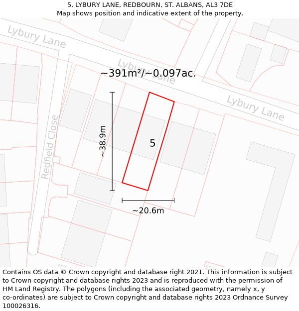 5, LYBURY LANE, REDBOURN, ST. ALBANS, AL3 7DE: Plot and title map