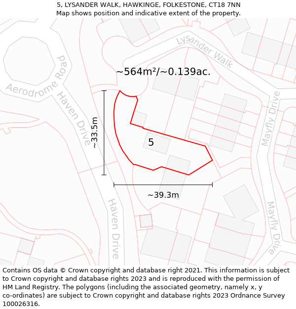 5, LYSANDER WALK, HAWKINGE, FOLKESTONE, CT18 7NN: Plot and title map