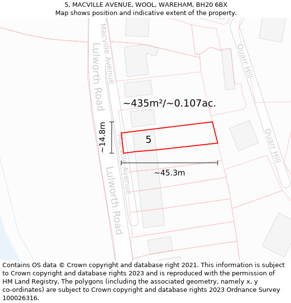 5, MACVILLE AVENUE, WOOL, WAREHAM, BH20 6BX: Plot and title map