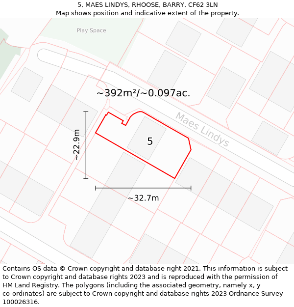 5, MAES LINDYS, RHOOSE, BARRY, CF62 3LN: Plot and title map