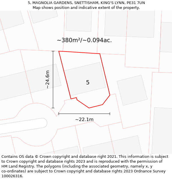 5, MAGNOLIA GARDENS, SNETTISHAM, KING'S LYNN, PE31 7UN: Plot and title map