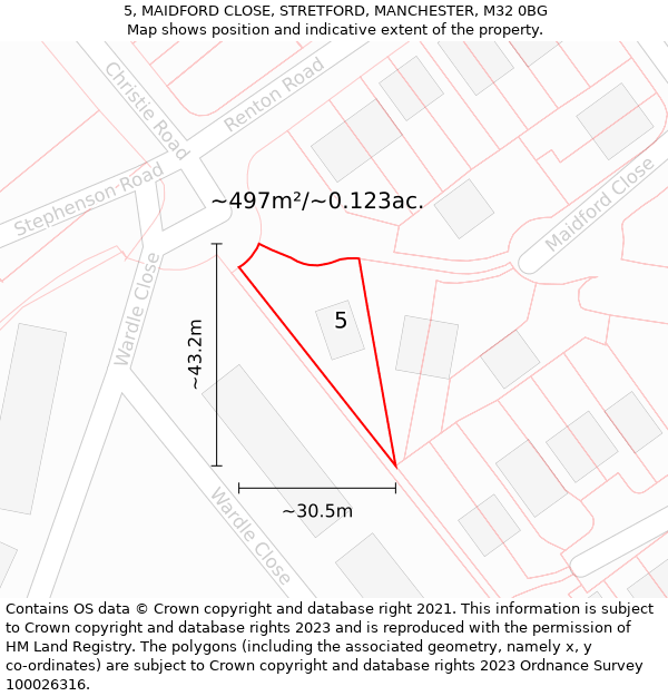 5, MAIDFORD CLOSE, STRETFORD, MANCHESTER, M32 0BG: Plot and title map