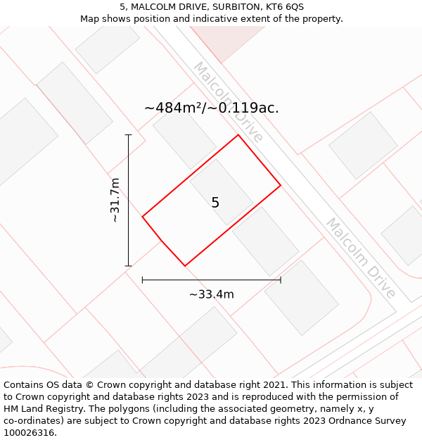 5, MALCOLM DRIVE, SURBITON, KT6 6QS: Plot and title map