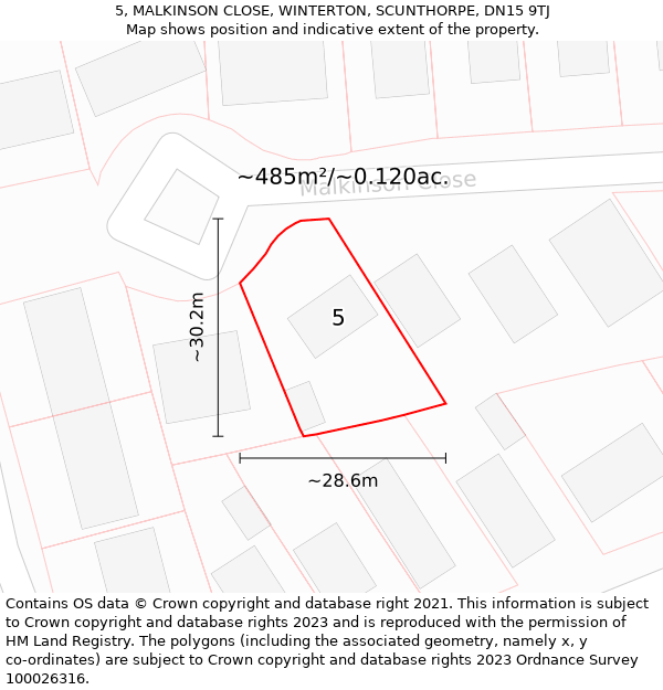 5, MALKINSON CLOSE, WINTERTON, SCUNTHORPE, DN15 9TJ: Plot and title map