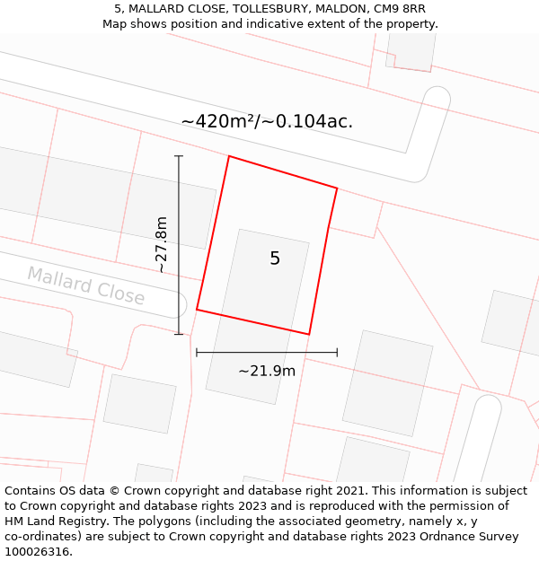 5, MALLARD CLOSE, TOLLESBURY, MALDON, CM9 8RR: Plot and title map