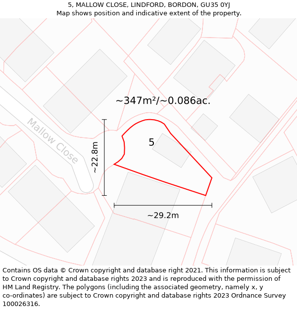 5, MALLOW CLOSE, LINDFORD, BORDON, GU35 0YJ: Plot and title map