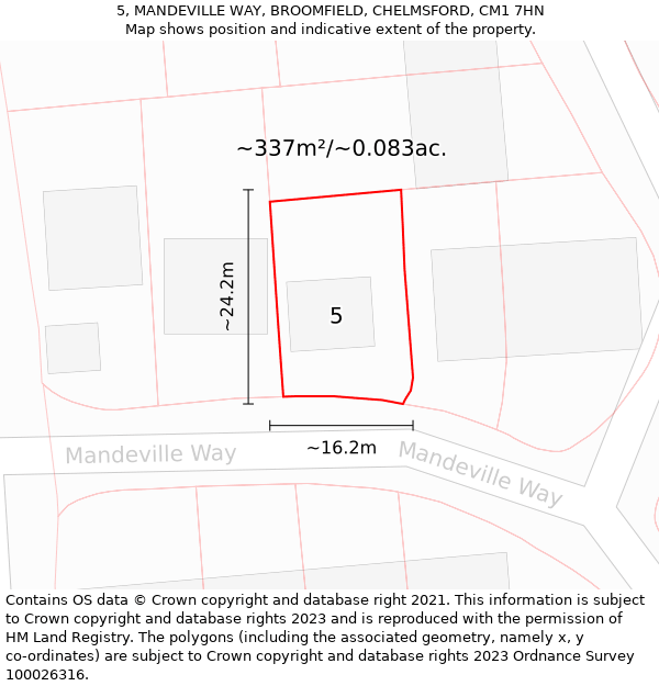 5, MANDEVILLE WAY, BROOMFIELD, CHELMSFORD, CM1 7HN: Plot and title map