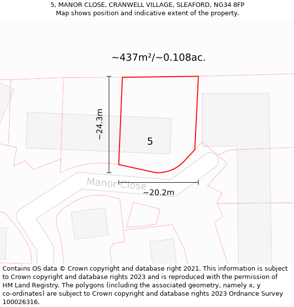 5, MANOR CLOSE, CRANWELL VILLAGE, SLEAFORD, NG34 8FP: Plot and title map