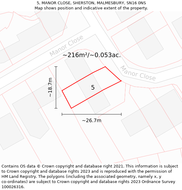 5, MANOR CLOSE, SHERSTON, MALMESBURY, SN16 0NS: Plot and title map