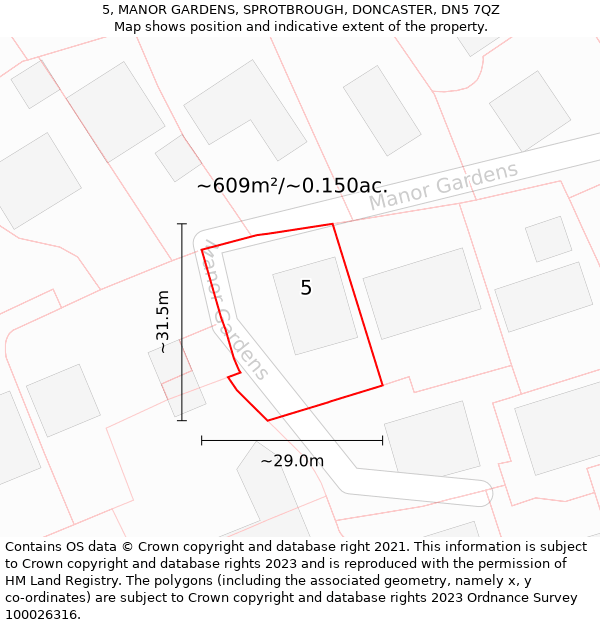 5, MANOR GARDENS, SPROTBROUGH, DONCASTER, DN5 7QZ: Plot and title map