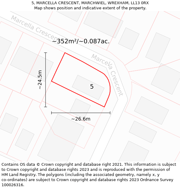 5, MARCELLA CRESCENT, MARCHWIEL, WREXHAM, LL13 0RX: Plot and title map