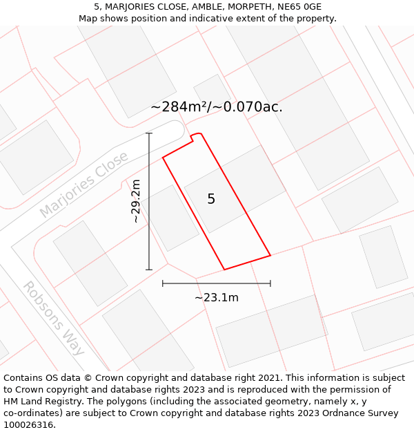 5, MARJORIES CLOSE, AMBLE, MORPETH, NE65 0GE: Plot and title map