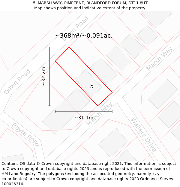 5, MARSH WAY, PIMPERNE, BLANDFORD FORUM, DT11 8UT: Plot and title map