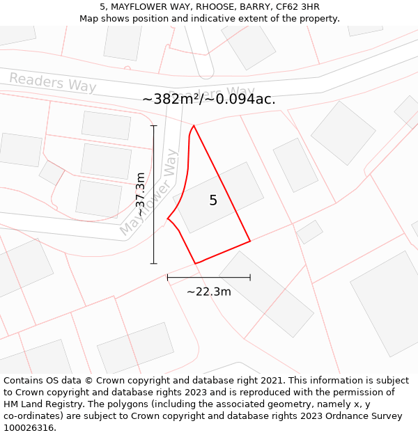 5, MAYFLOWER WAY, RHOOSE, BARRY, CF62 3HR: Plot and title map