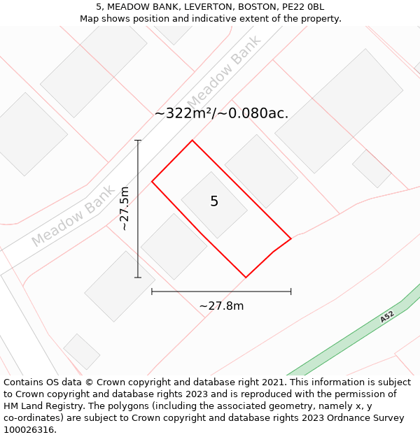 5, MEADOW BANK, LEVERTON, BOSTON, PE22 0BL: Plot and title map