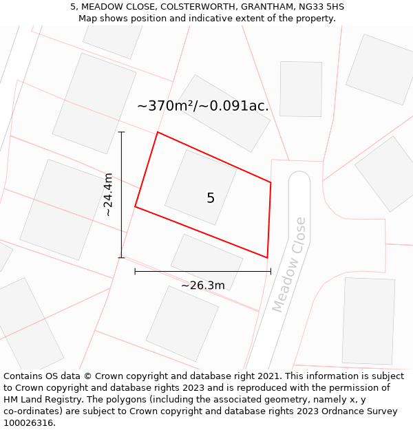 5, MEADOW CLOSE, COLSTERWORTH, GRANTHAM, NG33 5HS: Plot and title map