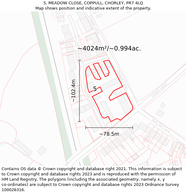 5, MEADOW CLOSE, COPPULL, CHORLEY, PR7 4LQ: Plot and title map