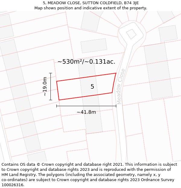 5, MEADOW CLOSE, SUTTON COLDFIELD, B74 3JE: Plot and title map