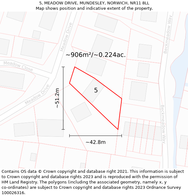5, MEADOW DRIVE, MUNDESLEY, NORWICH, NR11 8LL: Plot and title map