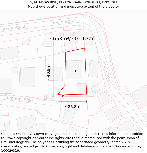 5, MEADOW RISE, BLYTON, GAINSBOROUGH, DN21 3LT: Plot and title map