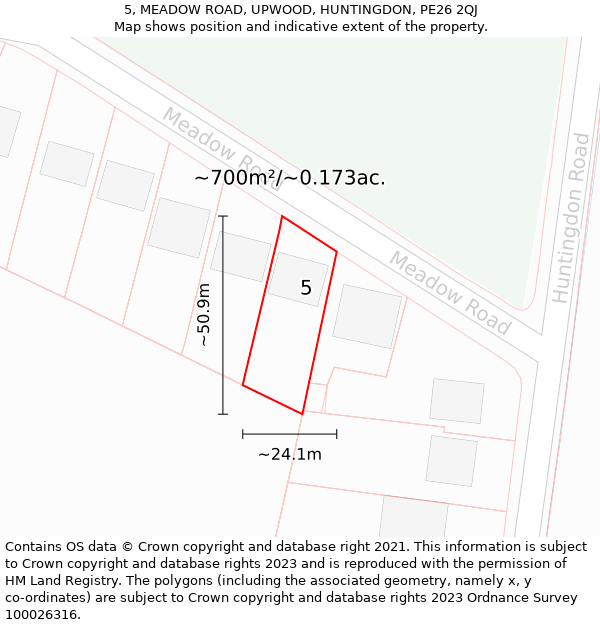 5, MEADOW ROAD, UPWOOD, HUNTINGDON, PE26 2QJ: Plot and title map