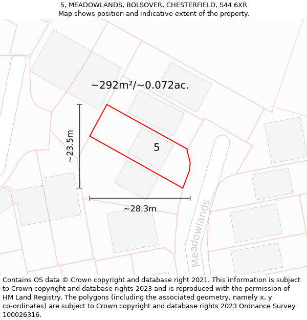 5, MEADOWLANDS, BOLSOVER, CHESTERFIELD, S44 6XR: Plot and title map