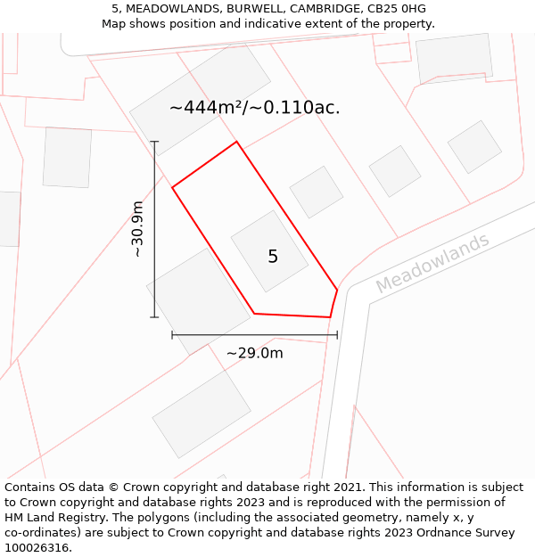 5, MEADOWLANDS, BURWELL, CAMBRIDGE, CB25 0HG: Plot and title map