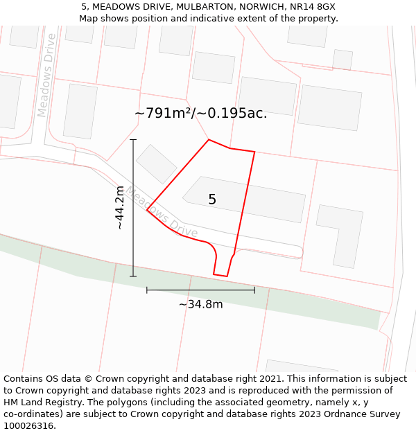 5, MEADOWS DRIVE, MULBARTON, NORWICH, NR14 8GX: Plot and title map